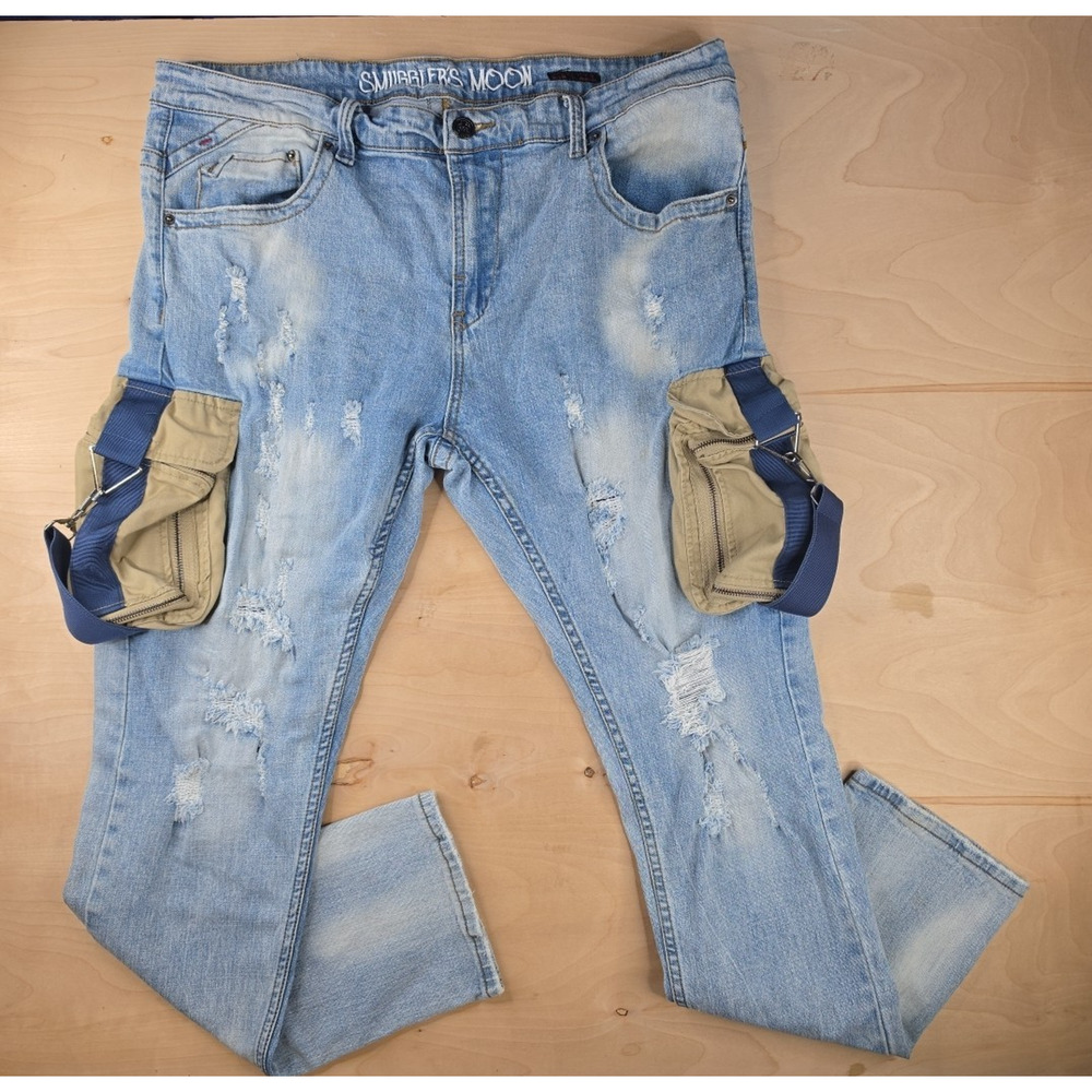 Smugglers Moon Cargo Jeans Mens 40x33 Stonewash Distressed Stash Pocket
